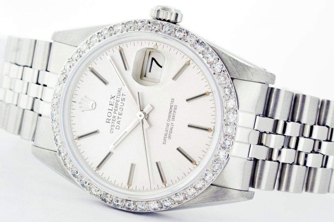 Rolex Stainless Steel 1.00ctw Diamond DateJust Men's: One Gents Rolex Datejust Polished, Serviced & Electronically Tested, Stainless Steel Case:36mm, Stainless Steel Crown, Custom Bezel: Stainless Steel Beadset Diamond Bezel, Total Weight: 1 Carat, Diamo