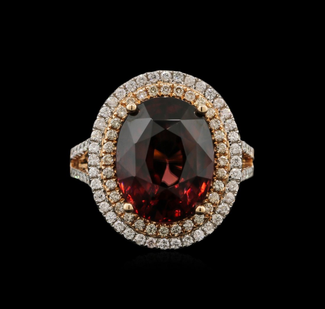 11.69ct Red Zircon and Diamond Ring - 14KT Rose Gold: One electronically tested 14KT rose gold lady's combination cast & assembled fashion ring with a split shank with a bright polish finish. The featured lady's ring has a double halo motif and a 2.7 mil