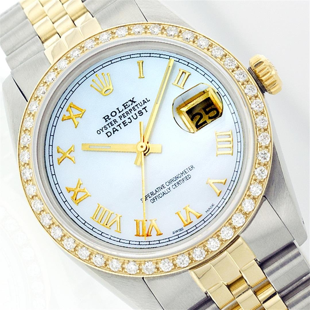 Rolex Two-Tone 1.00ctw Diamond DateJust Men's Watch: One Gents Two Tone Rolex Datejust Polished, Serviced & Electronically Tested, 14K Yellow Gold & Stainless Steel Case: 36mm, 14K Yellow Gold Crown, Custom Bezel: 18K Yellow Gold Beadset Diamond Bezel,