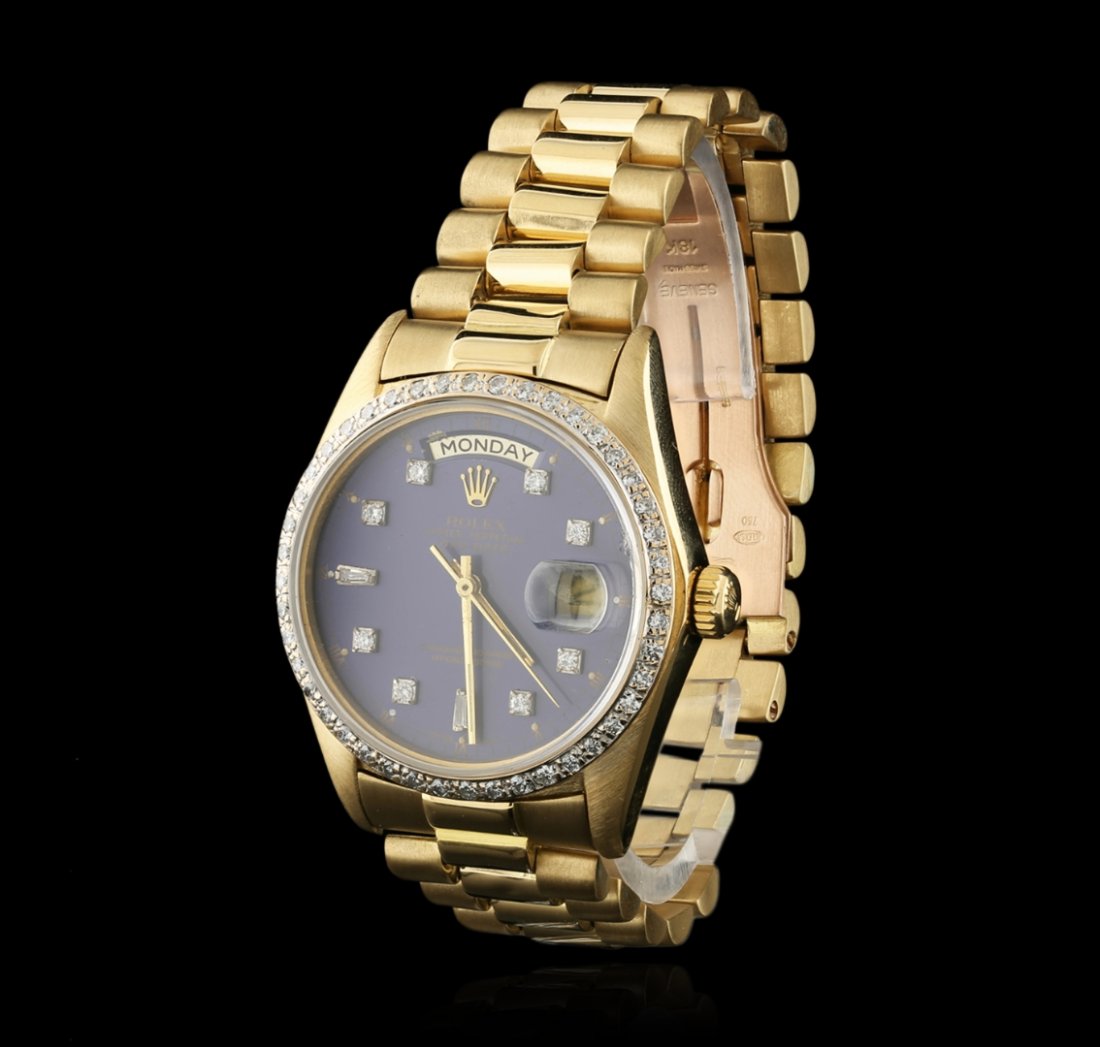 Rolex President 18KT Gold 1.00ctw DayDate Men's Watch: One gents, hand crafted & machine milled Rolex DayDate Model the President wristwatch electronically tested 18KT yellow gold, Case: 35mm oyster, Crown: twin lock with logo, Custom Bezel: diamond set,
