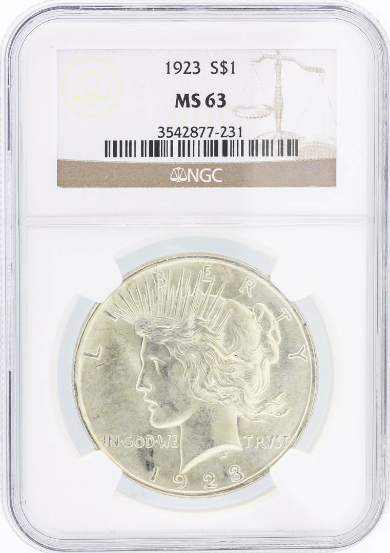 1923 NGC MS63 Peace Silver Dollar: One 1923 NGC MS63 Peace Silver Dollar. NGC Certified.