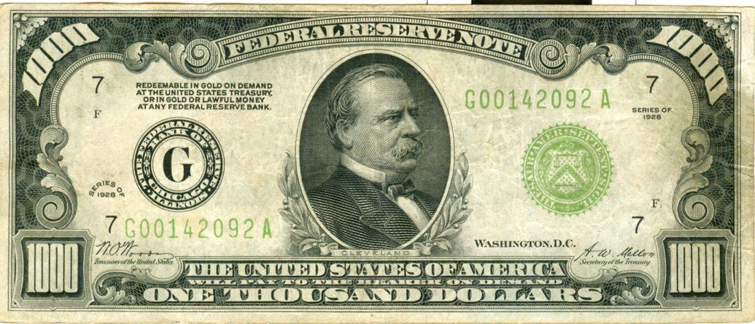 1928 $1000 Chicago FRN One Thousand Dollar Bill: One 1928 $1000 Chicago FRN, One Thousand Dollar Bill.