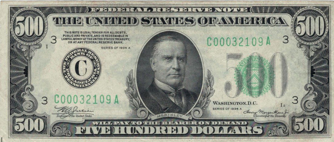 1934-A $500 Philadelphia FRN MULE, Five Hundred Dollar: One 1934-A $500 Philadelphia FRN MULE, Five Hundred Dollar Bill.