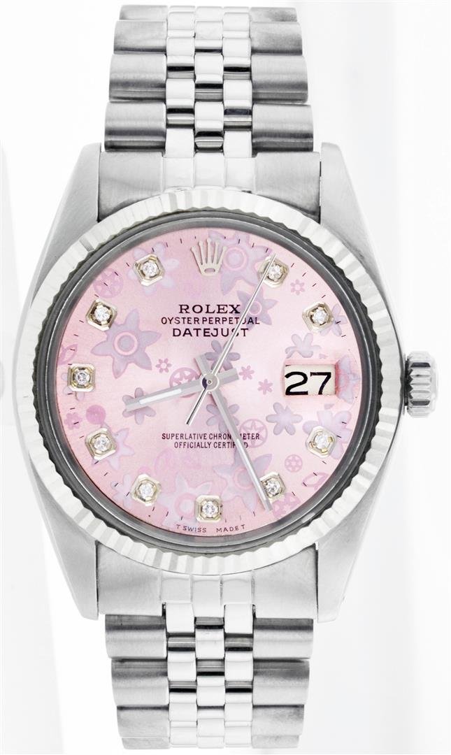 Rolex Stainless Steel Diamond DateJust Men's Watch: One Gents Rolex Datejust Polished, Serviced & Electronically Tested, Stainless Steel Case:36mm, Stainless Steel Crown, Bezel: 18K White Gold Fluted Bezel. Custom Crystal: Synthetic Sapphire Cyclops Le