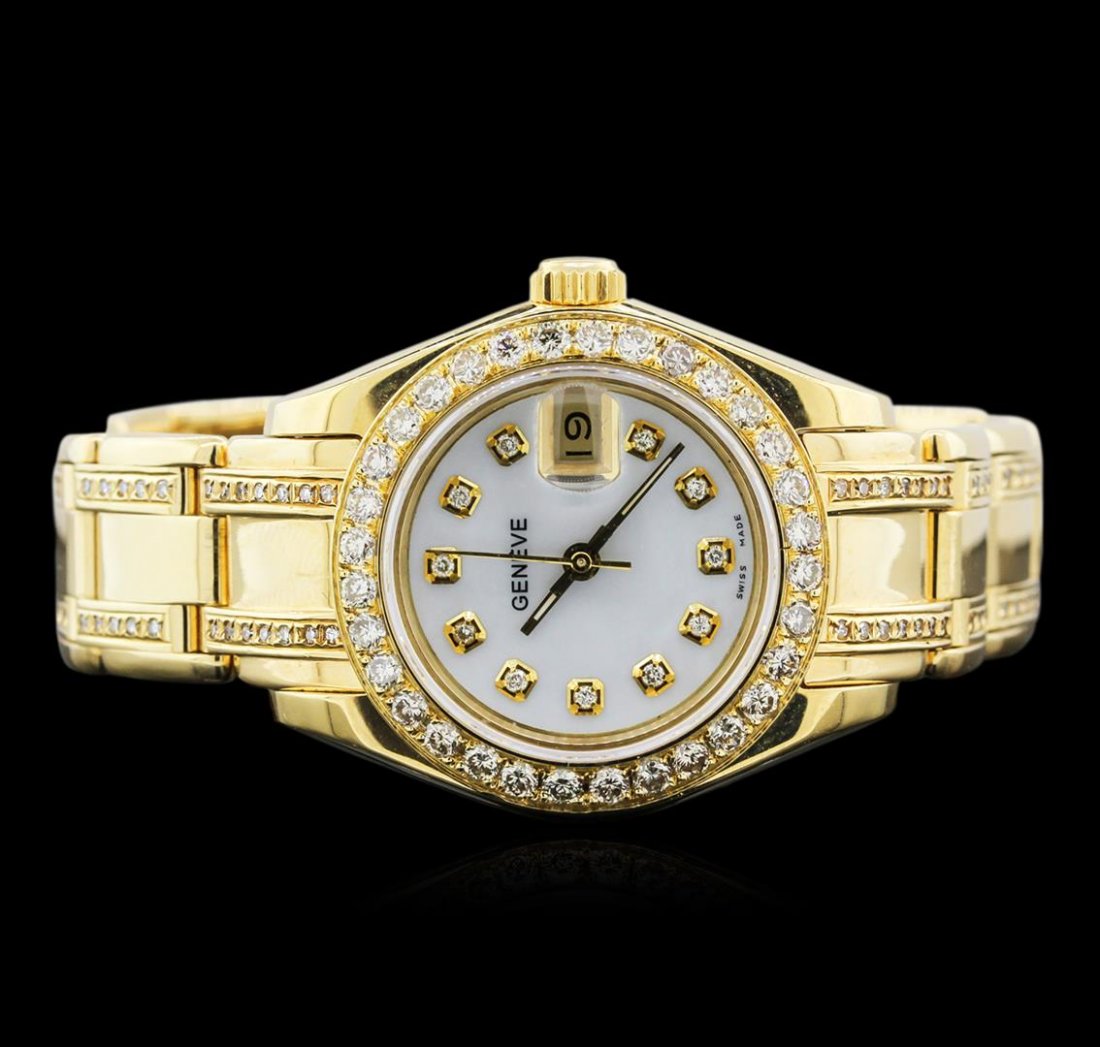 Rolex 18KT Gold 2.00ctw Diamond DateJust Geneve Ladies: One ladies, custom hand crafted & machine milled Rolex Pearlmaster DateJust, model wristwatch electronically tested 18KT Yellow gold, Case: 29mm oyster, Crown: twinlock, with logo, Custom Bezel: diamo