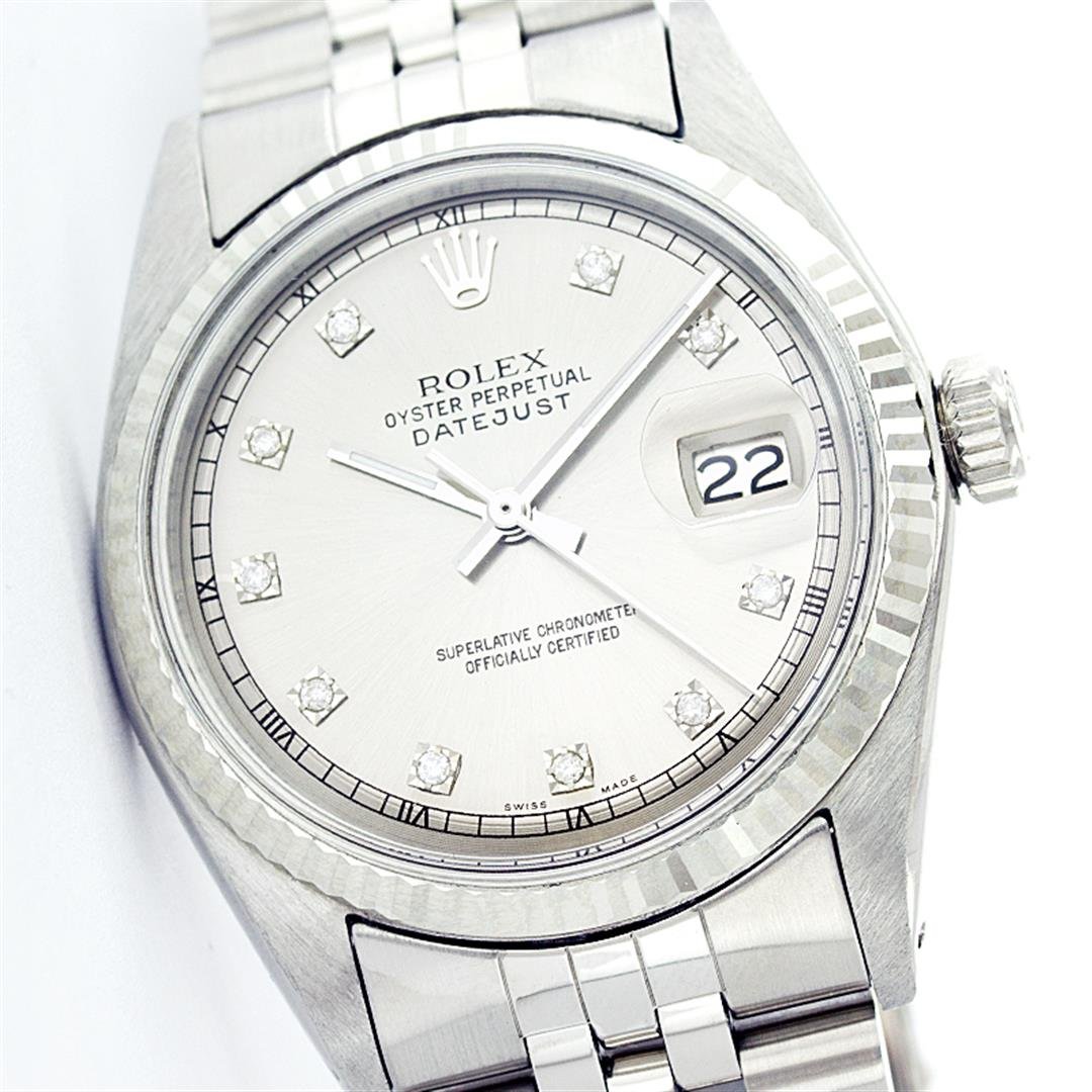 Rolex Stainless Steel DateJust Men's Watch: One Gents Rolex Datejust Polished Bright with Satin Finish, Serviced & Electronically Tested, Stainless Steel Case:36mm, Stainless Steel Crown, Original Bezel: 14K White Gold Fluted Bezel. Custom Crys