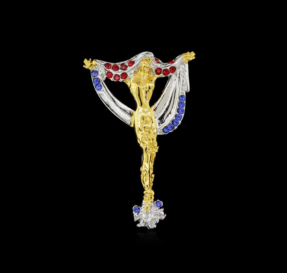 Erte Letter T Pendant Brooch - Gold-Plated Sterling: Erte's famous "Alphabet" series was first a Suite of Serigraphs and then a priceless collection of figures cast in precious metals set with gemstones. We are pleased to present this sparking Pendant/B