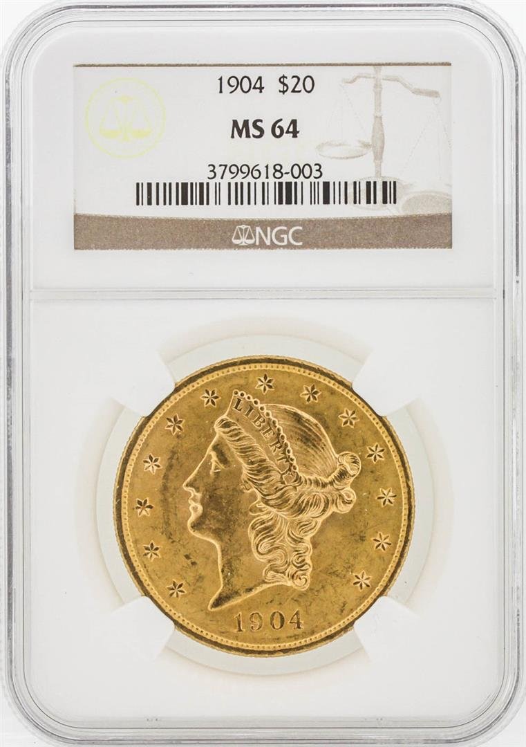 1904 NGC MS64 $20 Liberty Head Double Eagle Gold Coin: One 1904 NGC MS64 $20 Liberty Head Double Eagle Gold Coin. NGC Certified.