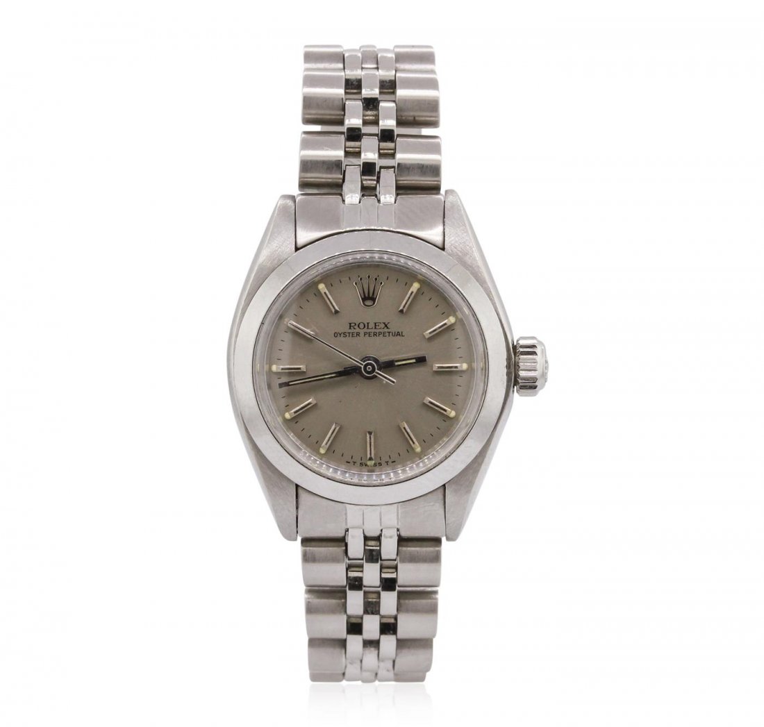 Rolex Stainless Steel Oyster Perpetual Ladies Watch: One ladies, vintage Rolex Oyster Perpetual model Stainless Steel wristwatch electronically tested, Case: 25mm oyster, Crown: twinlock with logo, Bezel: polished, Custom Crystal: acrylic lens. Movement