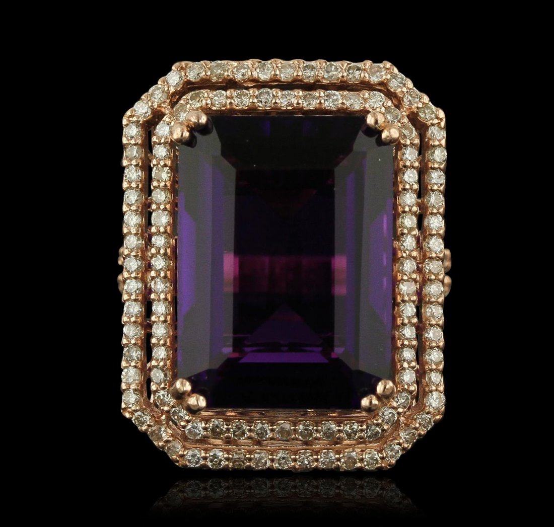 14KT Rose Gold 14.36ct Amethyst and Diamond Ring: One electronically tested 14KT rose gold Ladies combination cast & assembled ring with a bright polish finish. Condition is new. Identified with markings of "K14". Containing: One prong set emerald st