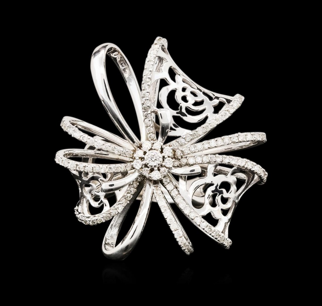 14KT White Gold 1.22ctw Diamond Ring: One electronically tested 14KT white gold ladies cast diamond ring with a bright polish finish. Condition is new. Containing: One Hundred Fifty-Three prong set round brilliant cut diamonds, measuring 