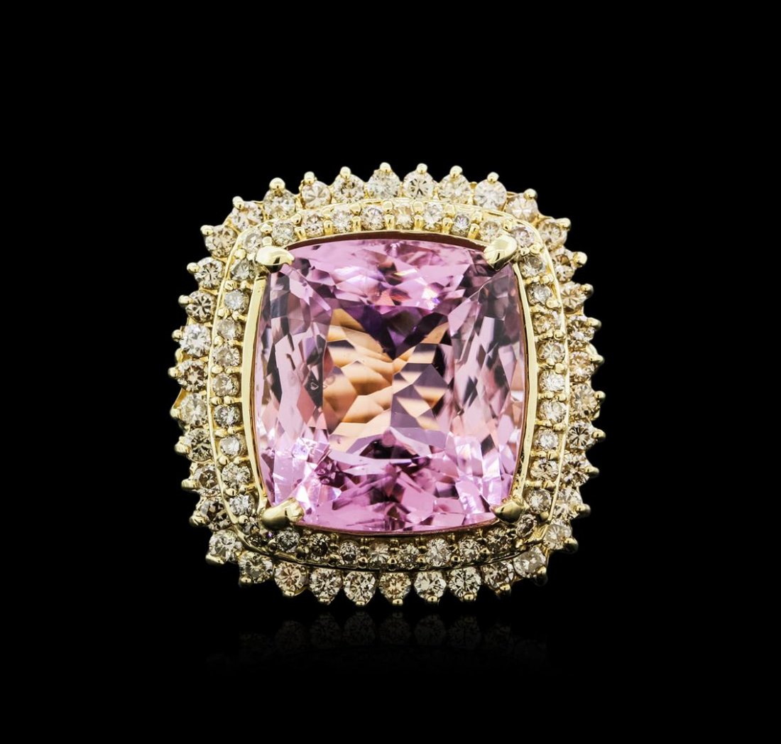 14KT Yellow Gold 36.29ct Kunzite and Diamond Ring: One electronically tested 14KT yellow gold ladies cast kunzite and diamond ring with a bright polish finish. Condition is new, good workmanship. The featured kunzite is set within tiered diamond bezel
