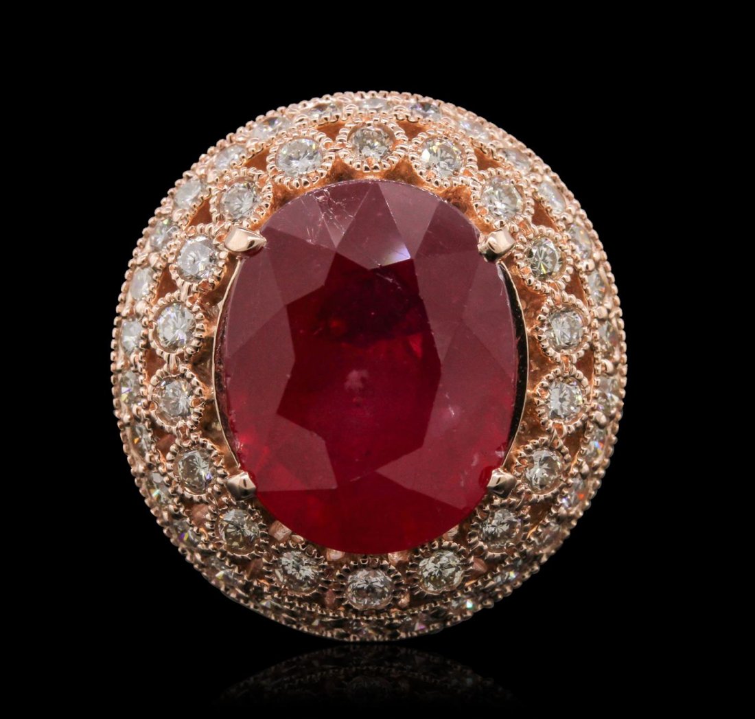 14KT Rose Gold 12.37ct Ruby and Diamond Ring: One electronically tested 14KT rose gold Ladies combination cast & assembled fancy ring with a bright polish finish. Condition is new. Identified with markings of "14K". Containing: One prong set oval