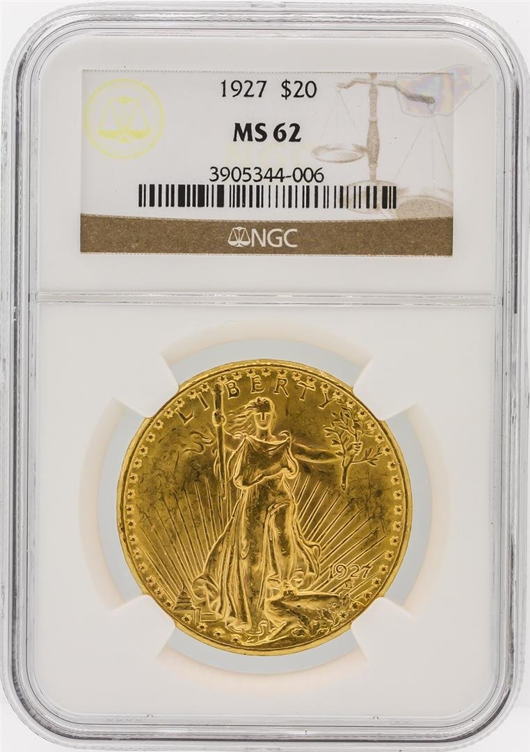 1927 NGC MS62 $20 St. Gaudens Double Eagle Gold Coin: One 1927 NGC MS62 $20 St. Gaudens Double Eagle Gold Coin. NGC Certified.