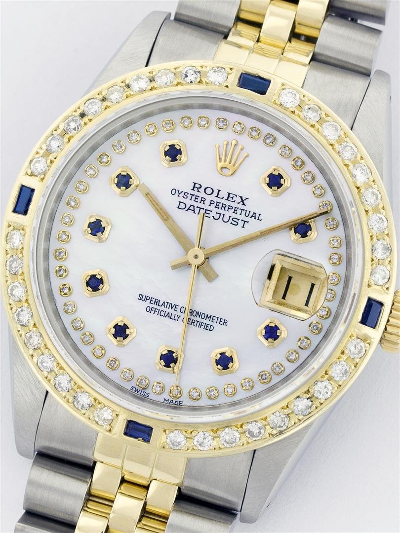 Rolex Two Tone Diamond and Sapphire DateJust Men's: One Mens Two Tone Rolex Datejust Polished, Serviced & Electronically Tested, 14K Yellow Gold & Stainless Steel Case:36mm, 14K Yellow Gold Crown, Custom Bezel: 18K Yellow Gold Sapphire Beadset Diamond 