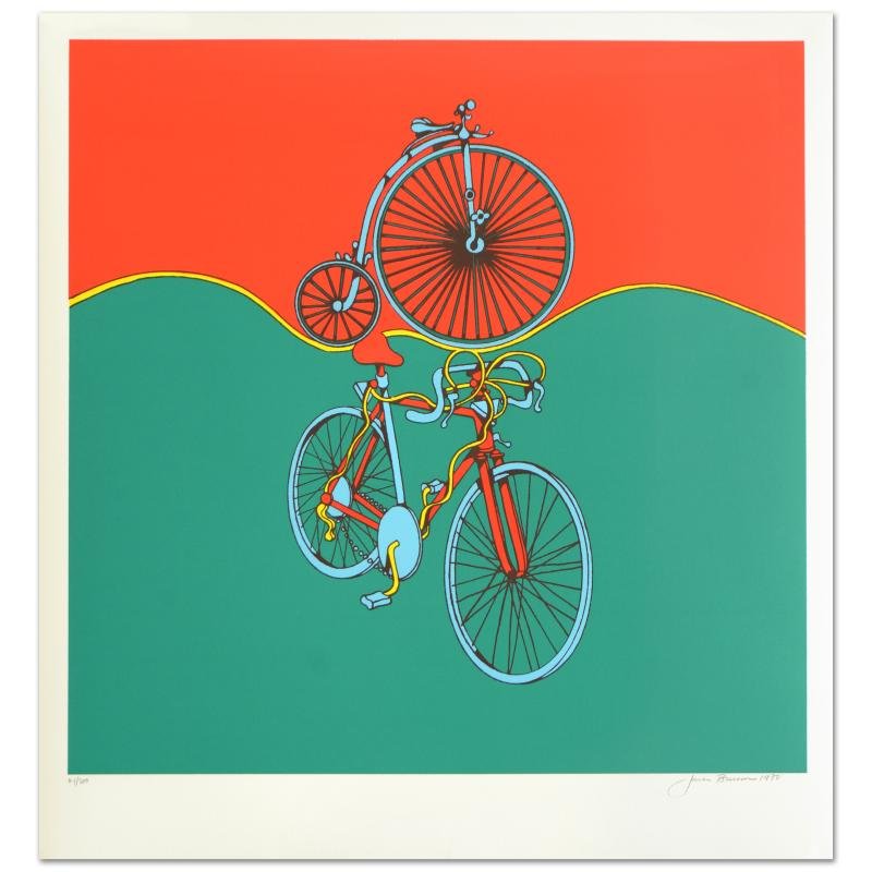 Bicycle by Jack Brusca: "Bicycle" is a limited edition serigraph on paper by Jack Brusca, numbered and hand signed by the artist! Includes Certificate of Authenticity! Measures approx. 26" x 28" (with border), 24" x 24" (ima