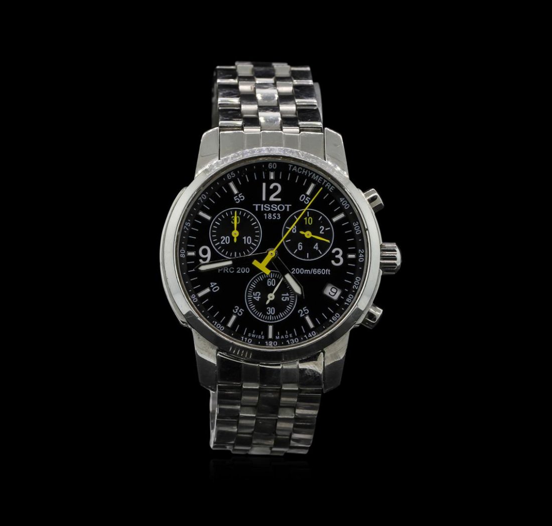 Tissot PRC200 Stainless Steel Chronograph Men's Watch: One Tissot 1853 PRC200 Chronograph Men's Wristwatch featuring: Stainless Steel round case and bracelet. Black dial. Luminous hour hands and markers. Yellow second hand. Features tachymetre. White Arab