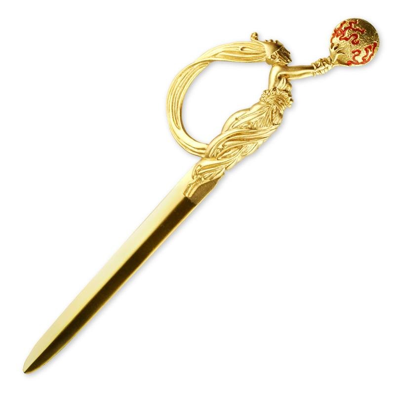 Fireflies Letter Opener by Erte: From an original design by the "Father of Art Deco", bid now on this Erte letter opener! Made of gold plated pewter with a gold plated steel blade, this stunning piece is accented with the perfect tou