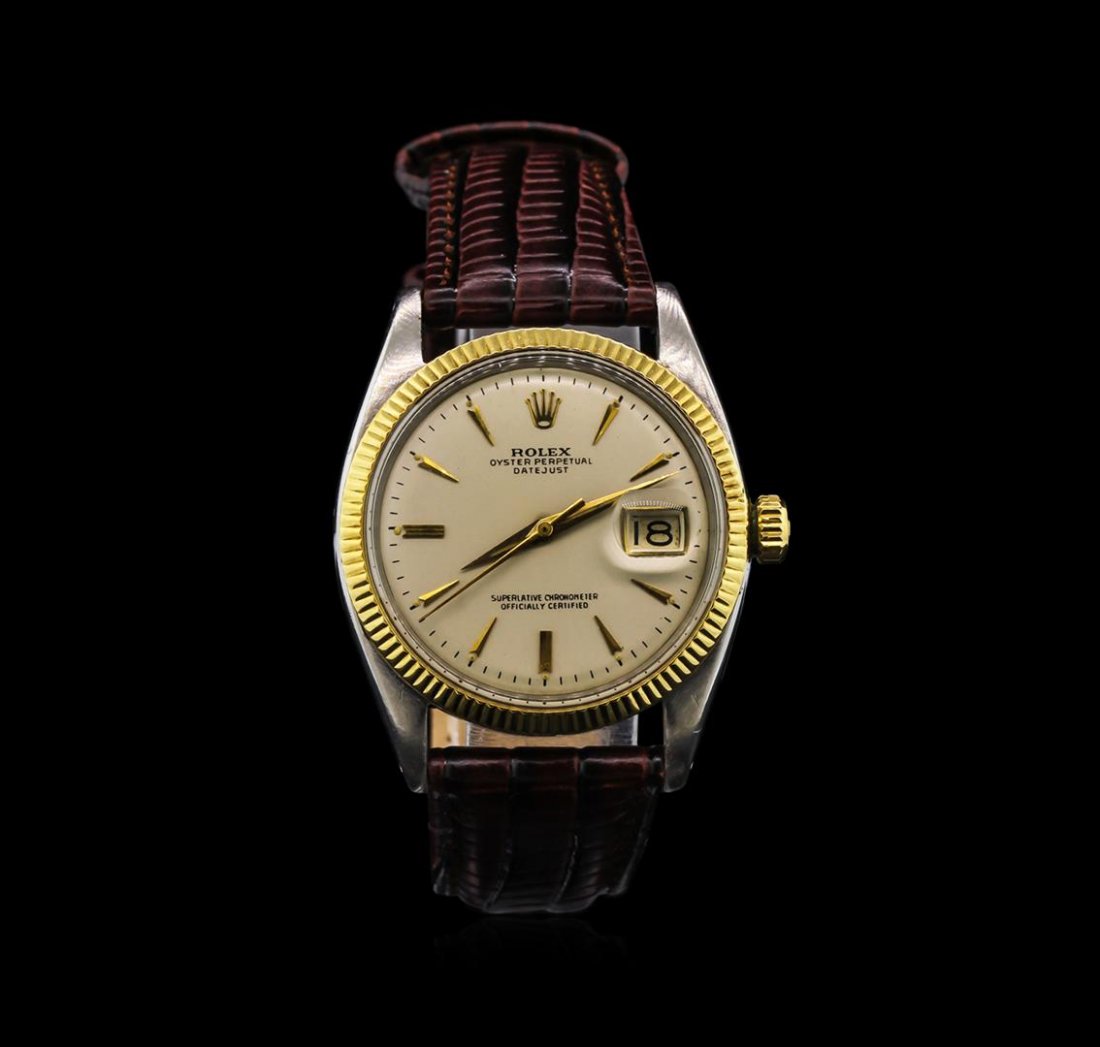 Rolex Two-Tone DateJust Men's Watch: One gents, Rolex two-tone DateJust wristwatch electronically tested, stainless steel Case: 35mm oyster, 14KT yellow gold Crown: twinlock with logo, 14KT yellow gold Bezel: fluted. Custom Crystal: acry