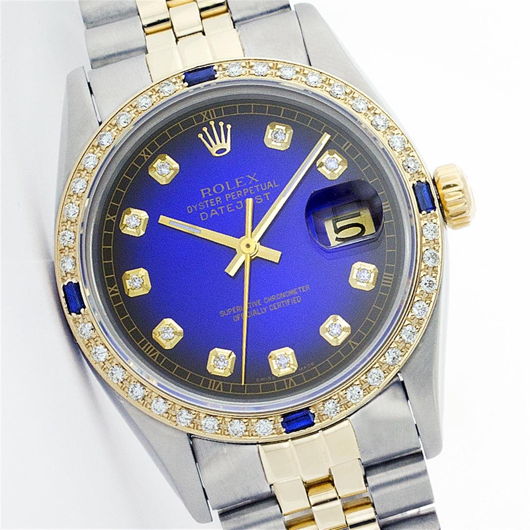 Rolex Two Tone Diamond and Sapphire DateJust Men's: One Mens Two Tone Rolex Datejust Polished, Serviced & Electronically Tested, 14K Yellow Gold & Stainless Steel Case:36mm, 14K Yellow Gold Crown, Custom Bezel: 18K Yellow Gold Sapphire Beadset Diamond
