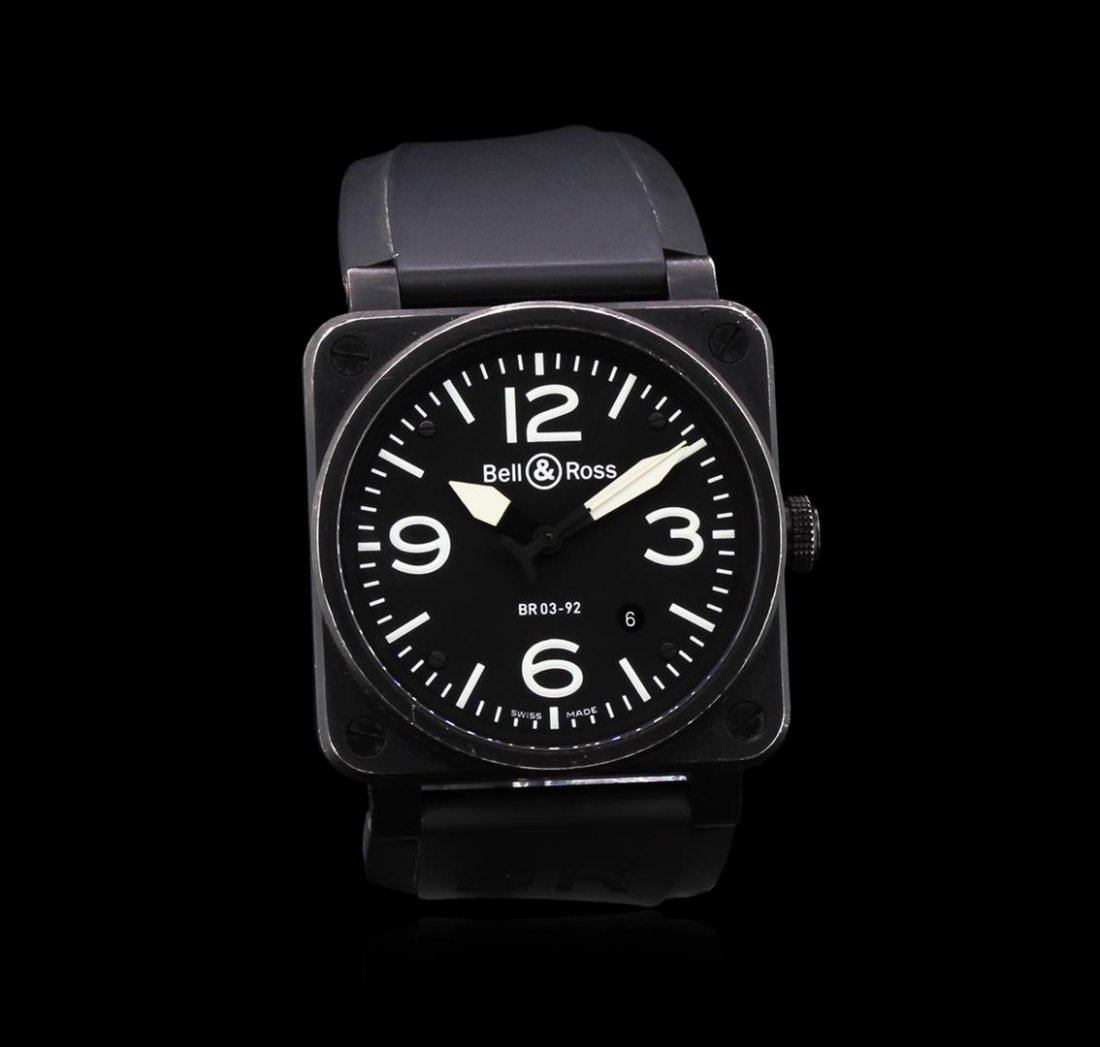 Bell & Ross Matte Black BR 03-92 Aviation Watch: One Bell & Ross Black Matte BR 03 Aviation Watch featuring: Movement: High quality automatic movement. Case: Steel with matte black PVD finish. Dial: Black. Numerals, index, and hands covered in lumin