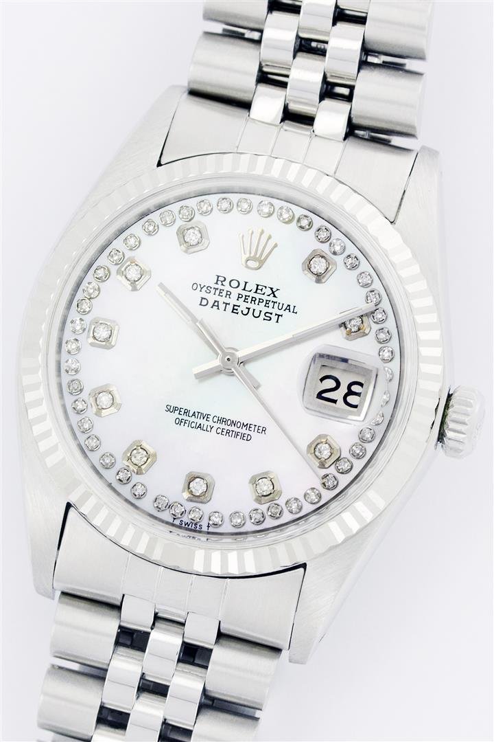 Rolex Stainless Steel DateJust Men's Watch: One Gents Rolex Datejust Polished Bright with Satin Finish, Serviced & Electronically Tested, Stainless Steel Case:36mm, Stainless Steel Crown, Original Bezel: 14K White Gold Fluted Bezel. Custom Crys