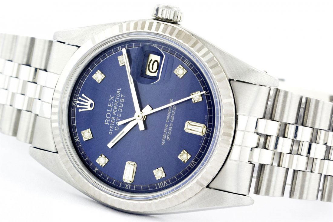 Rolex Stainless Steel Diamond DateJust Men's Watch: One Gents Rolex Datejust Polished, Serviced & Electronically Tested, Stainless Steel Case:36mm, Stainless Steel Crown, Custom Bezel: 18K White Gold Fluted Bezel. Custom Crystal: Acrylic Cyclops Lens.