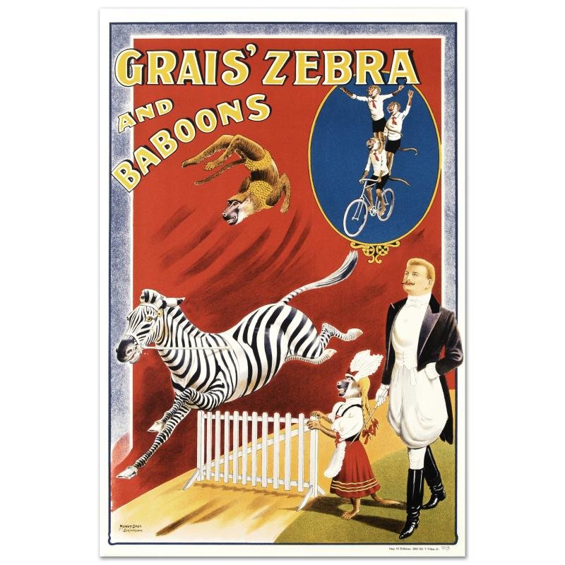 Grais Zebra and Baboons by RE Society: "Grais Zebra and Baboons" is a hand pulled lithograph on paper by the RE Society, image originally by Albert Whitfield. Includes Certificate of Authenticity! Measures approx. 20" x 30" (with border), 