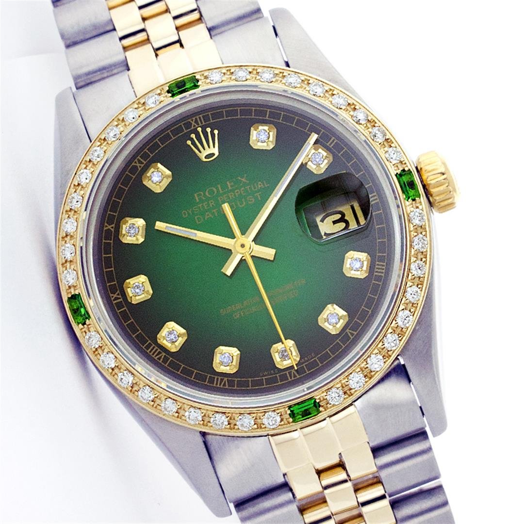 Rolex Two-Tone Diamond and Emerald DateJust Men's Watch: One Mens Two Tone Rolex Datejust Polished, Serviced & Electronically Tested, 14K Yellow Gold & Stainless Steel Case:36mm, 14K Yellow Gold Crown, Custom Bezel: 18K Yellow Gold Emerald Beadset Diamond B