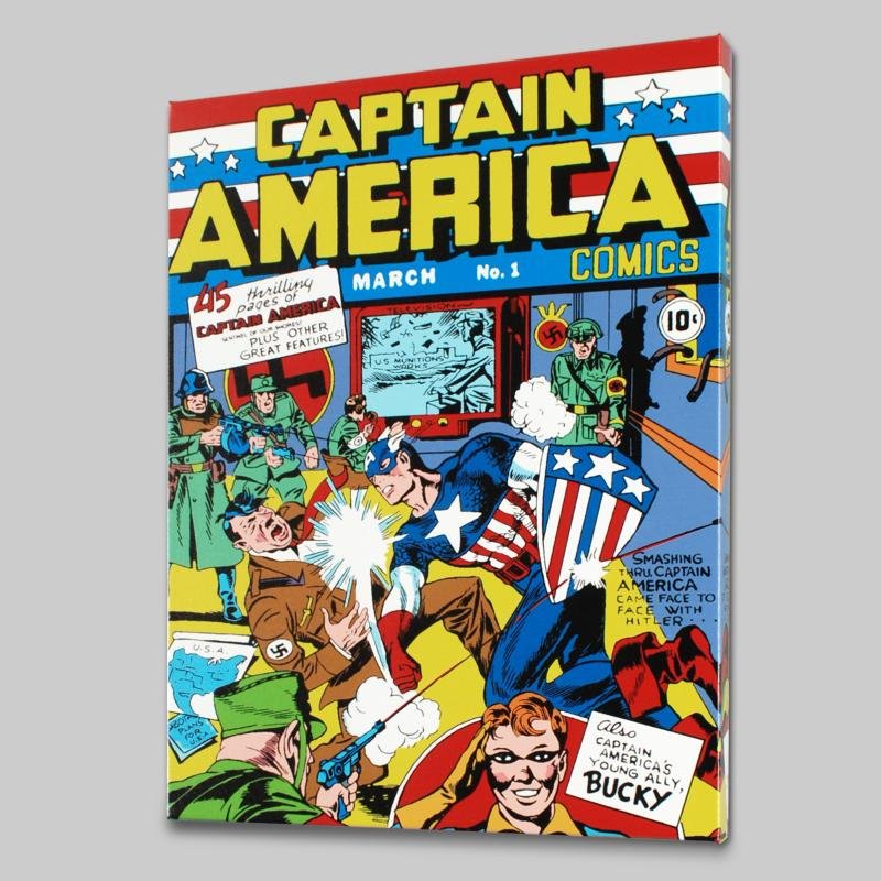 Captain America Comics #1 by Marvel Comics: A piece of comic book history, this limited edition print, drawn by Jack Kirby (1917-1994), depicts a classic Captain America cover. Jack Kirby, along with the legendary Stan Lee, is credited with cre
