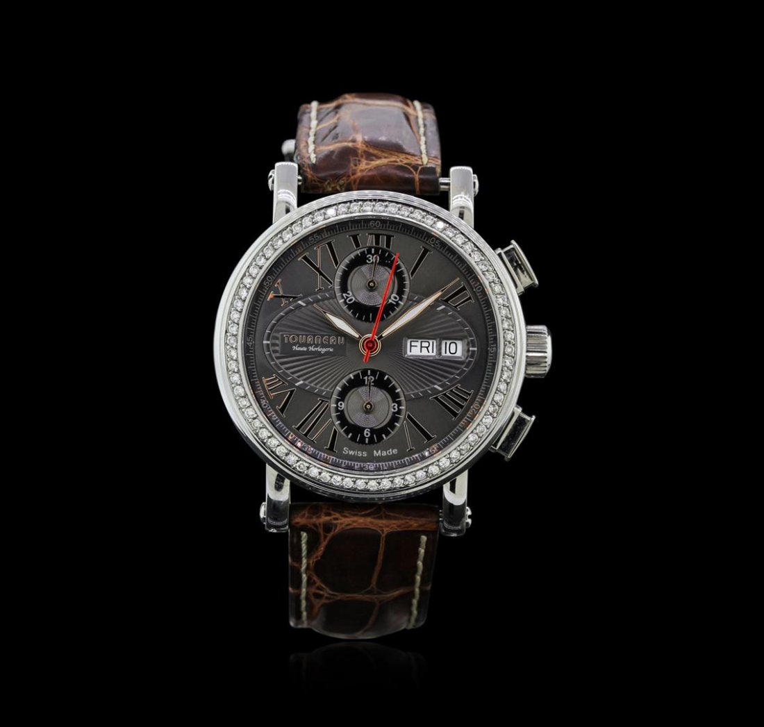 Tourneau Stainless Steel Haute Horlogerie Chrono: One Tourneau Haute Horlogerie Chrono mens wristwatch featuring: Case: Stainless steel. Bezel: Stainless steel diamond set. Dial: gray color with rose tone Roman numeral hour markers. Bracelet: Leather