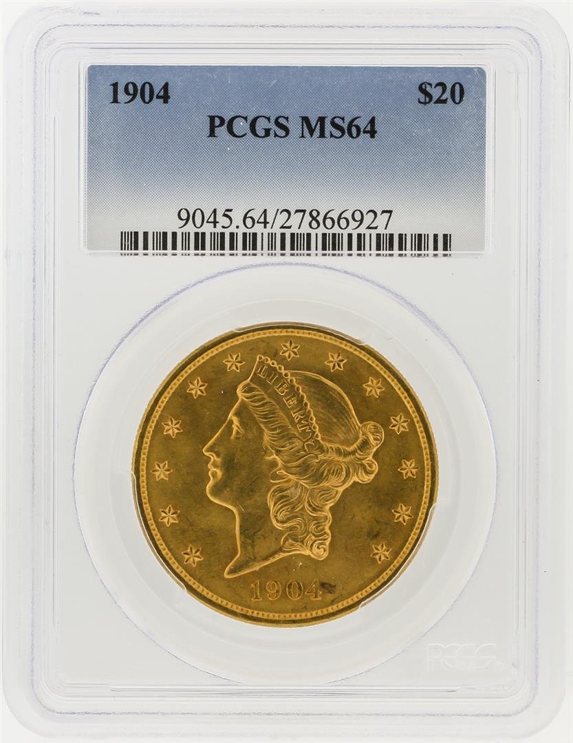 1904 PCGS MS64 $20 Liberty Head Double Eagle Gold Coin: One 1904 PCGS MS64 $20 Liberty Head Double Eagle Gold Coin. PCGS Certified.