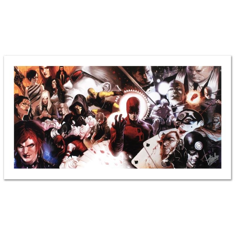 Daredevil #500 by Stan Lee - Marvel Comics: A piece of comic book history, this limited edition print, drawn by Marko Djurdjevic, depicts classic characters Daredevil and Kingpin among many others. Marko Djurdjevic was discovered by Marvel afte