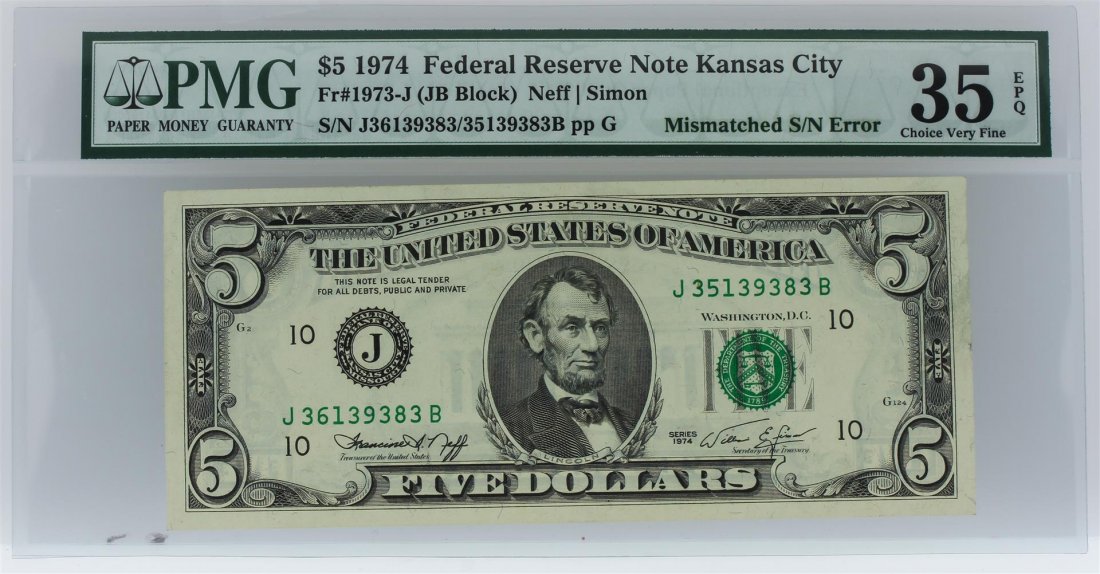 1974 $5 Mismatched S/N Error Federal Reserve Note PMG: One 1974 $5 Mismatched S/N Error Federal Reserve Note Kansas City FR-1973-J (JB Block) PMG Graded Choice Very Fine 35 EPQ.