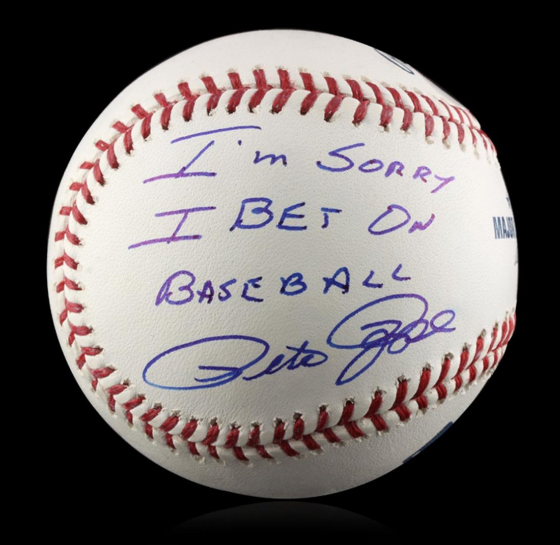 Autographed Pete Rose "I'm Sorry" Baseball PSA: Autographed Pete Rose "I'm Sorry" Baseball PSA Certified. Excellent Condition! DX153MA. Signed Pete Rose baseball with I'm Sorry I bet on Baseball written on the ball. Pete Rose had 4256 hits in his 2
