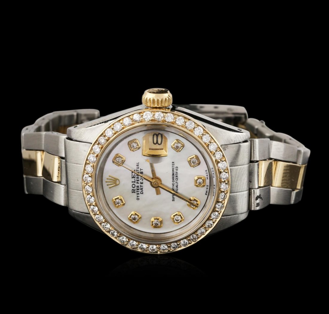 Rolex Two-Tone Diamond DateJust Ladies Watch: One ladies, hand crafted & machine milled Rolex DateJust Model wristwatch electronically tested, Stainless Steel Case: 26mm oyster, 14KT yellow gold Crown: twinlock with logo, Custom Bezel: diamond se