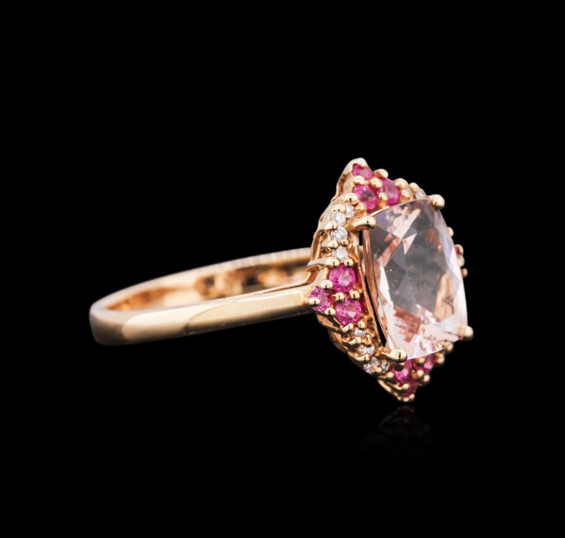14KT Rose Gold 2.03ct Morganite, Pink Sapphire and: One ring featuring: 14KT rose gold weighing 2.23 grams containing one morganite center stone with a total weight of 2.03ct, 12 pink sapphires with a total weight of 0.21ct and 16 round diamonds with a