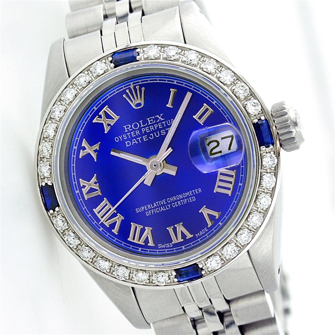 Ladies Rolex Stainless Steel Sapphire Diamond: One Ladies Rolex Datejust Polished Bright with Satin Finish, Serviced & Electronically Tested, Stainless Steel Case:26mm, Stainless Steel Crown, Custom Bezel: 18K White Gold Sapphire Beadset Diamond B