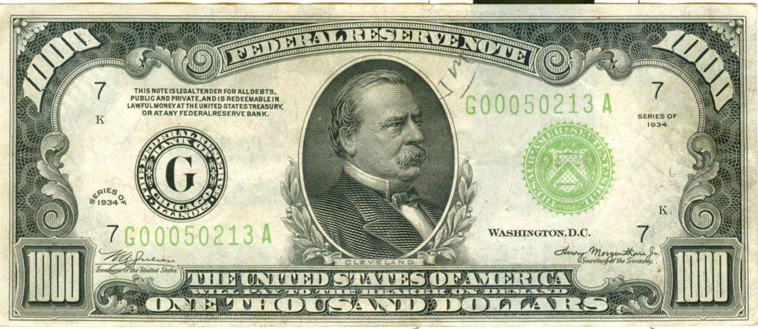 1934 $1000 Chicago FRN One Thousand Dollar Bill: One 1934 $1000 Chicago FRN, One Thousand Dollar Bill. Writing on Face of Bill.