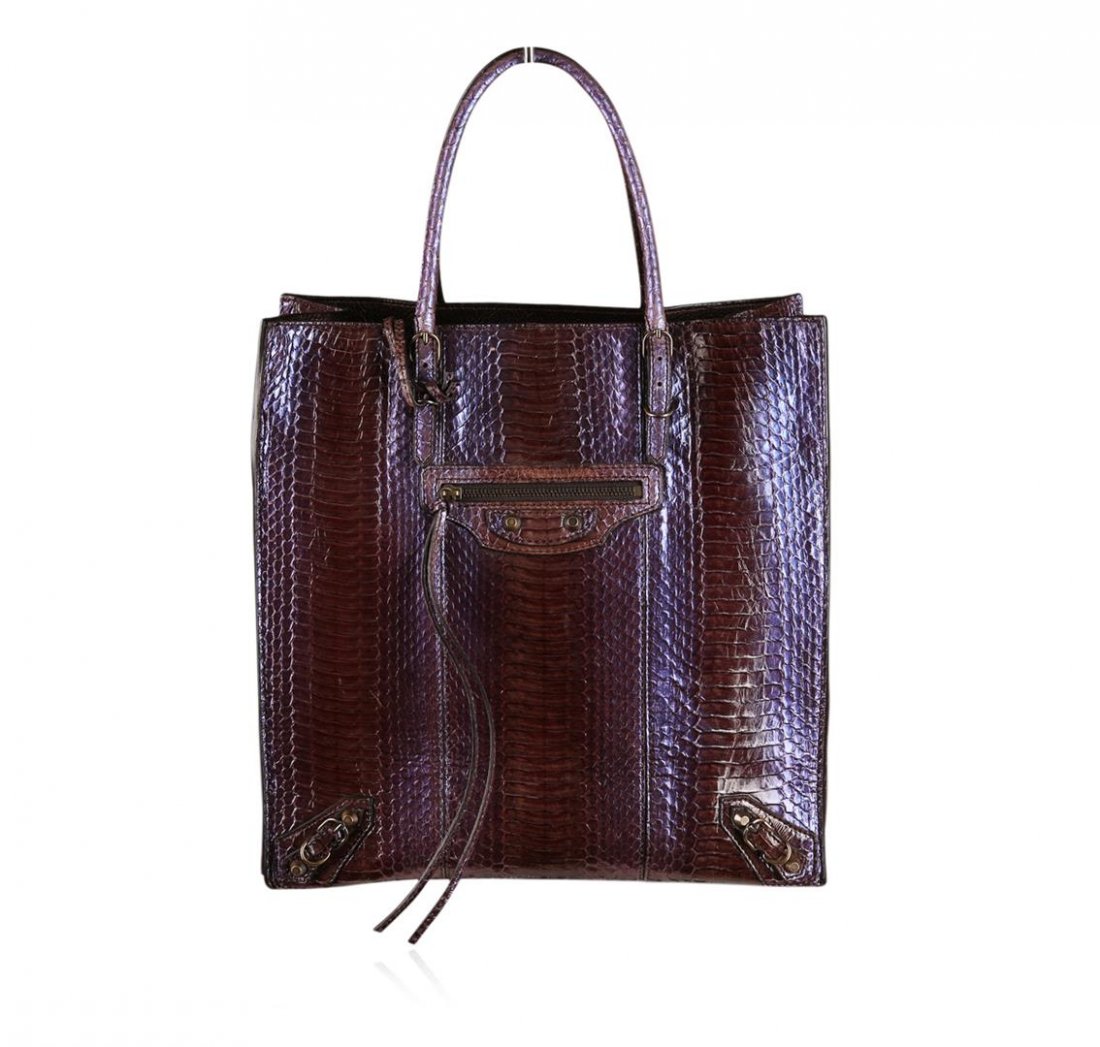 Balenciaga Papier A5 Elaphe Snakeskin Tote Bag: Designer Balenciaga "Papier A5 Elaphe" glazed snakeskin tote bag. Featuring: adjustable straps, aged brass tone, shallow front zippered pocket, smooth leather interior, two pockets plus mirror. Comes 