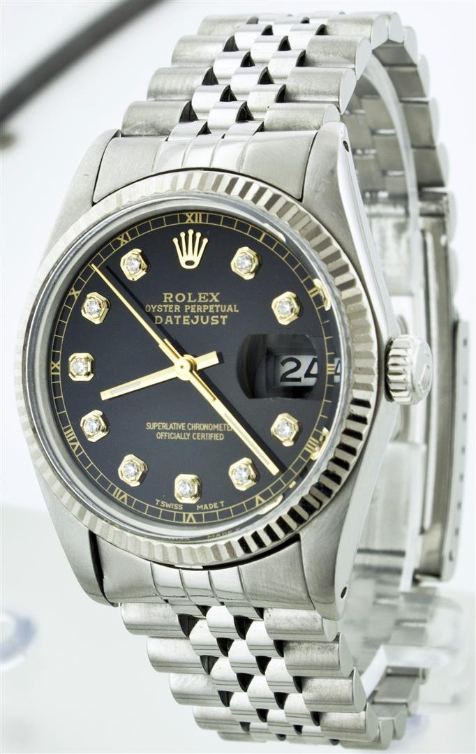 Rolex Stainless Steel Diamond DateJust Men's Watch: One Gents Rolex Datejust Polished, Serviced & Electronically Tested, Stainless Steel Case:36mm, Stainless Steel Crown, Original Bezel: 18K White Gold Fluted Bezel. Custom Crystal: Acrylic Cyclops Lens