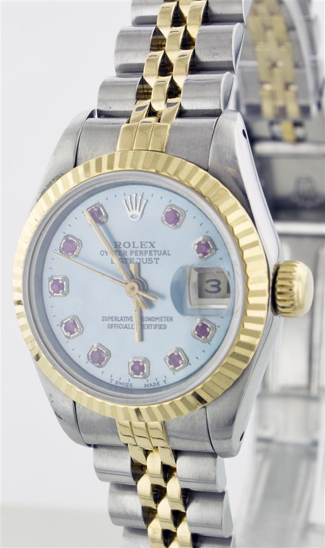 Rolex Two-Tone Ruby DateJust Ladies Watch: One Ladies Two Tone Rolex Datejust Polished, Serviced & Electronically Tested, 14K Yellow Gold & Stainless Steel Case:26mm, 14K Yellow Gold Crown, Bezel: 14K Yellow Gold Fluted Bezel. Custom Crystal:�