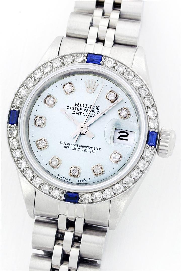 Rolex Stainless Steel Diamond and Sapphire DateJust: One Ladies Rolex Datejust Polished Bright with Satin Finish, Serviced & Electronically Tested, Stainless Steel Case:26mm, Stainless Steel Crown, Custom Bezel: 18K White Gold Sapphire Beadset Diamond B