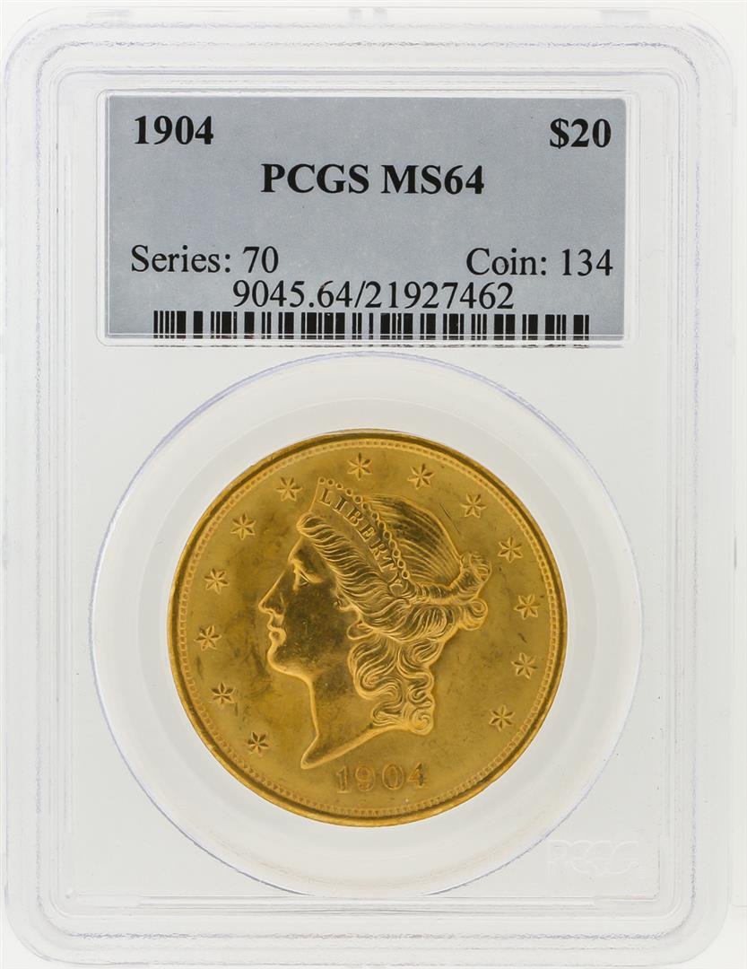 1904 PCGS MS64 $20 Liberty Head Double Eagle Gold Coin: One 1904 PCGS MS64 $20 Liberty Head Double Eagle Gold Coin. PCGS Certified.