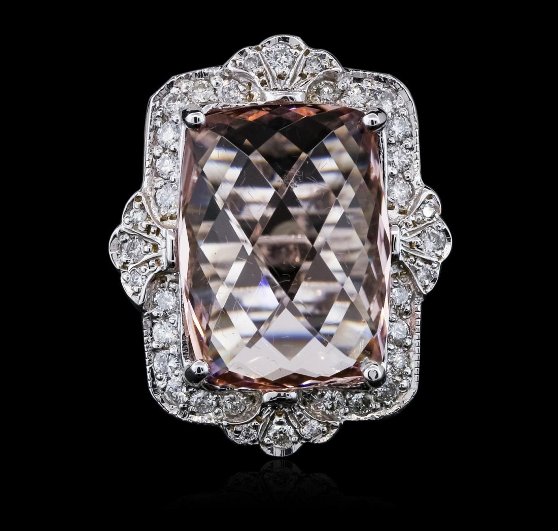 14KT White Gold 13.52ct Morganite and Diamond Ring: One electronically tested 14KT white gold ladies combination cast & assembled morganite and diamond ring with a bright polish finish. Identified with markings of "14K". Condition is new. Containing: O