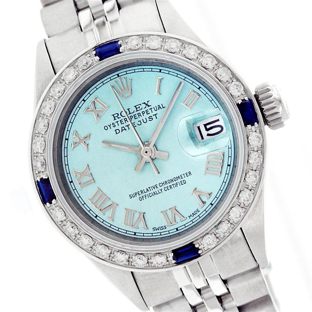 Rolex Stainless Steel Diamond and Sapphire DateJust: One Ladies Rolex Datejust Polished Bright with Satin Finish, Serviced & Electronically Tested, Stainless Steel Case:26mm, Stainless Steel Crown, Custom Bezel: 18K White Gold Sapphire Beadset Diamond B