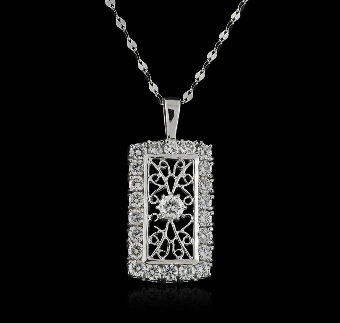 14KT White Gold 1.43ctw Diamond Pendant With Chain: One electronically tested 14KT white gold ladies cast diamond pendant & chain 18.0" long, with a spring ring clasp with a bright polish finish. Condition is new. Containing: One prong set round brilli