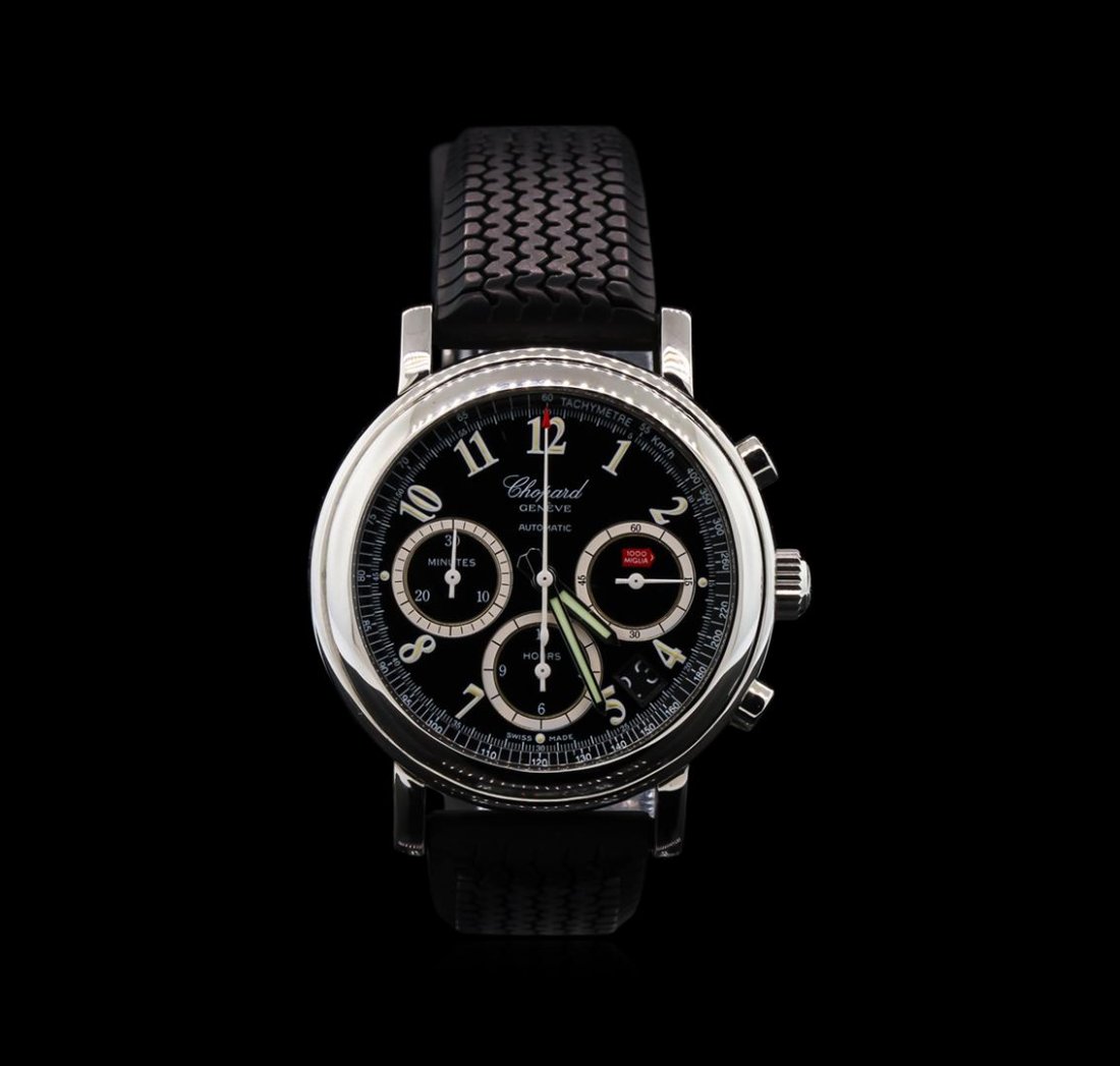 Chopard Miglia Stainless Steel Mens Watch: One Chopard Miglia stainless steel mens watch featuring: Strap: black leather. Case: stainless steel. Dial: black with 3 subdials with the date located at the 5 o'clock position. Luminous hour and min