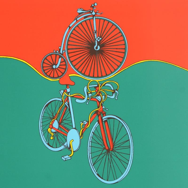 Bicycle by Brusca: "Bicycle" is a limited edition serigraph on paper by Jack Brusca (1937-1993), numbered and hand signed by the artist! Includes Certificate of Authenticity! Measures approx. 26" x 28" (with border), 24