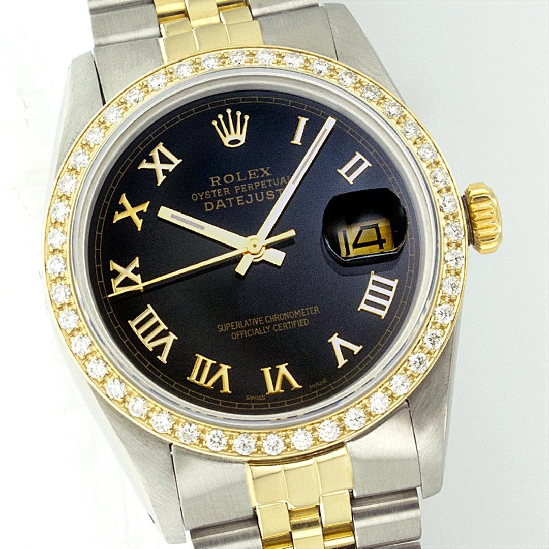 Rolex Two-Tone 1.00ctw Diamond DateJust Men's Watch: One Mens Two Tone Rolex Datejust Polished, Serviced & Electronically Tested, 14K Yellow Gold & Stainless Steel Case:36mm, 14K Yellow Gold Crown, Custom Bezel: 18K Yellow Gold Beadset Diamond Bezel, Di
